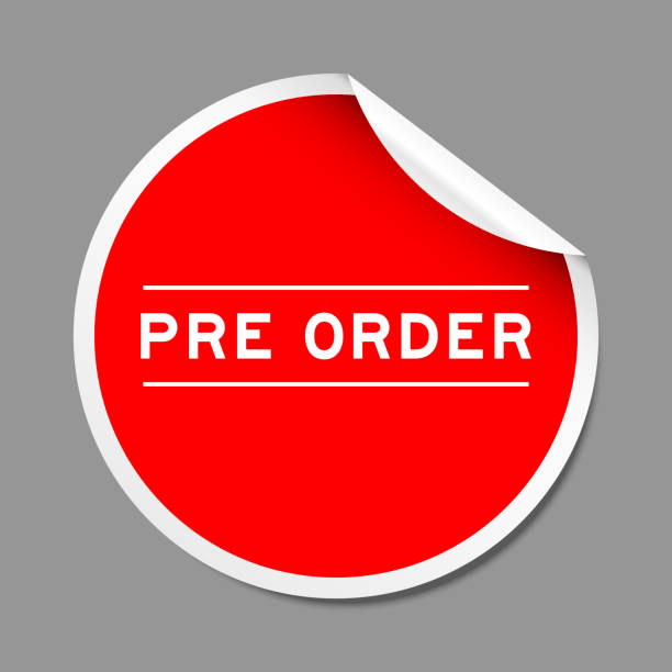 red color peel sticker label with word pre order on gray background