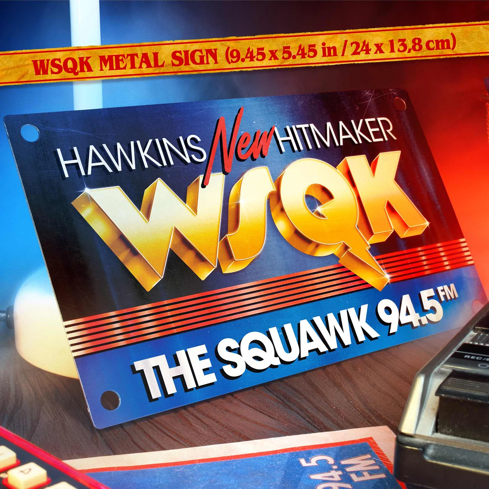 STRANGER THINGS WSQK HAWKINS HITMAKER KIT SQUARE BANNER ENG METAL SIGN