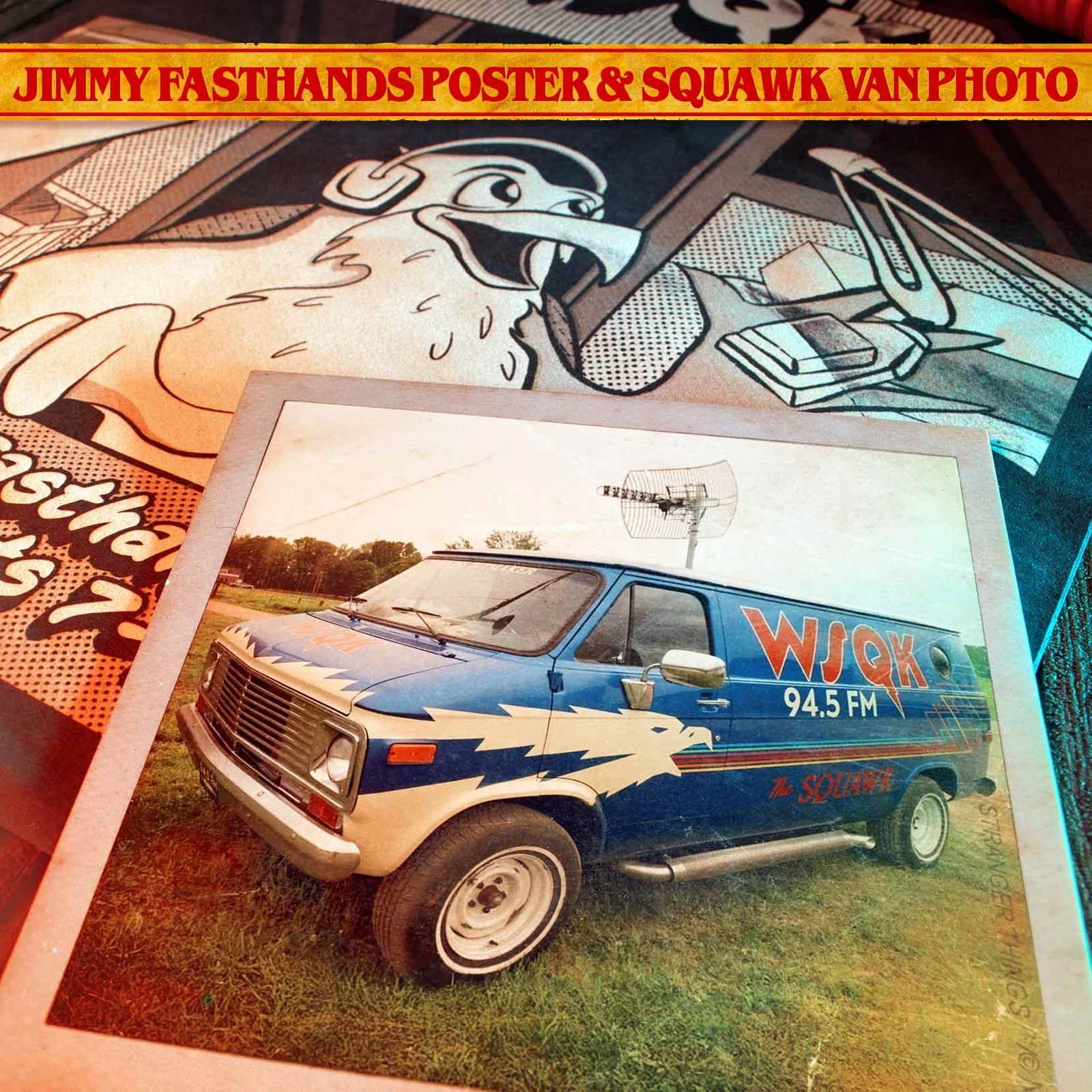 STRANGER THINGS WSQK HAWKINS HITMAKER KIT SQUARE BANNER ENG VAN PHOTO AND JIMMY FASTHANDS POSTER