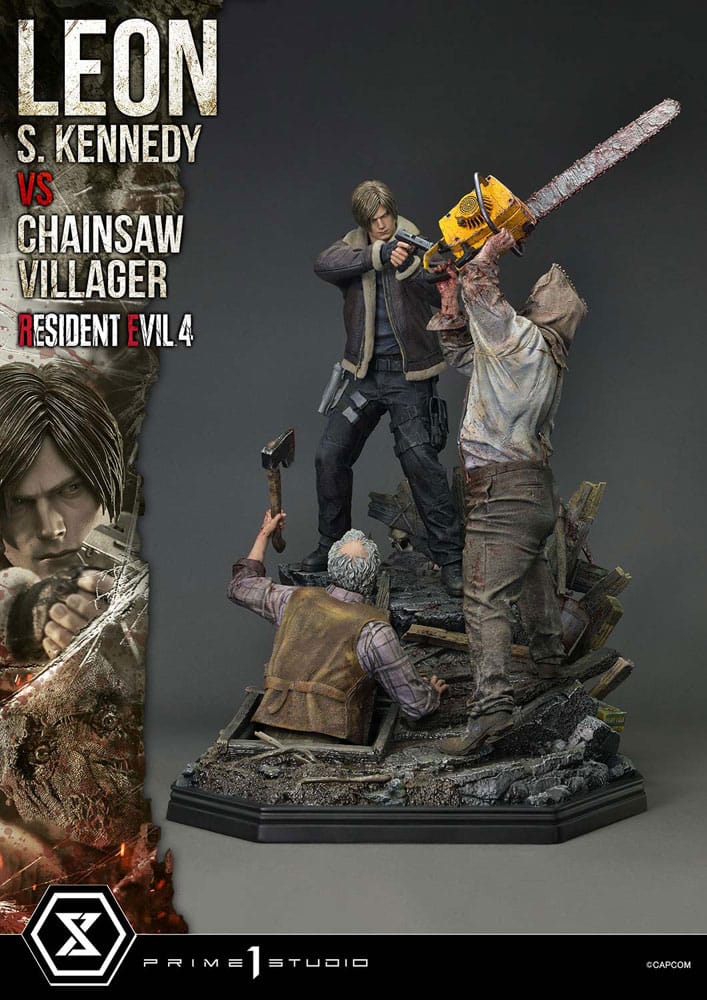 Resident Evil 4 Ultimate Prémium Masterline Series Szobor 1/4 Leon S. Kennedy vs. Chainsaw Villager Bonus Ver. 76 cm